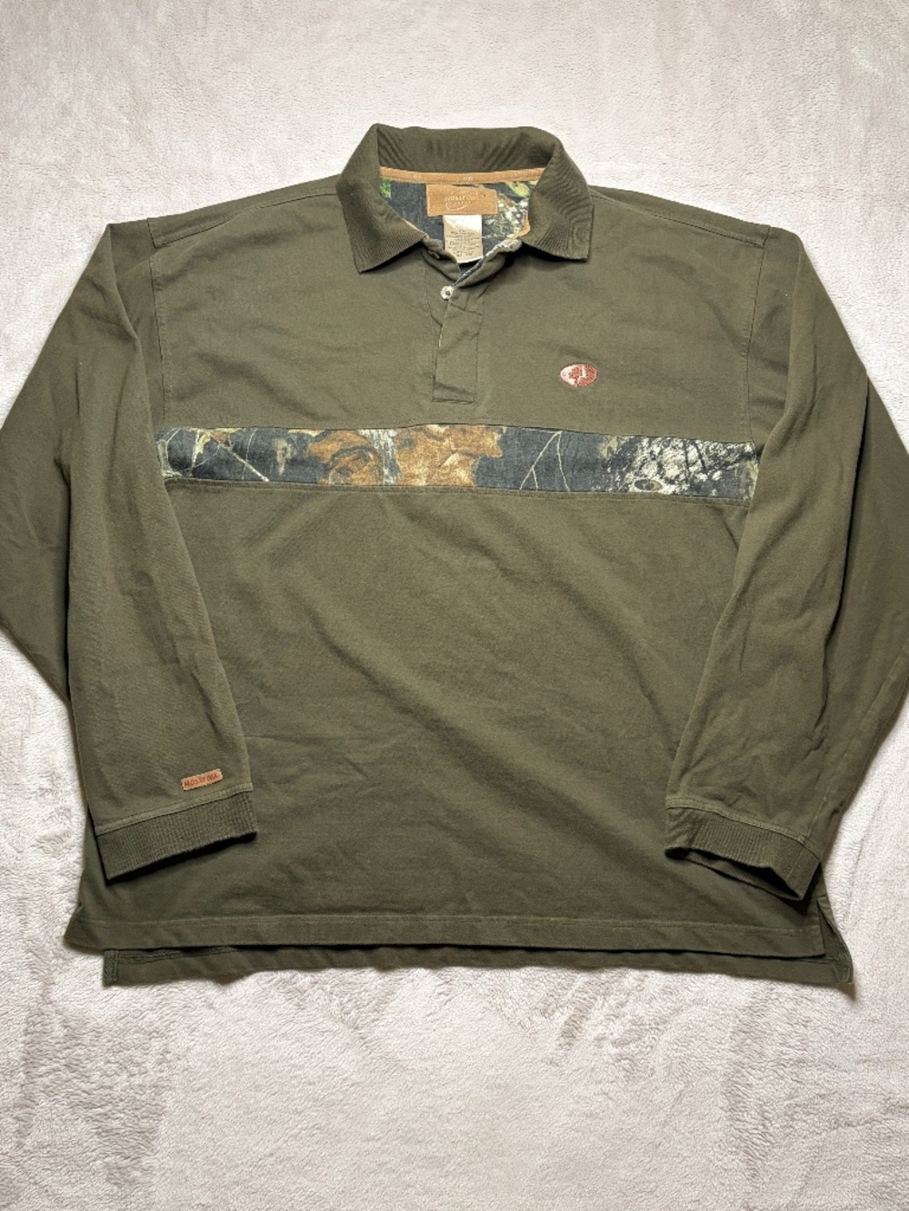 VTG Mossy Oak Apparel Aspen Rugby Shirt Mens XL Green Camo Polo Long Sleeve